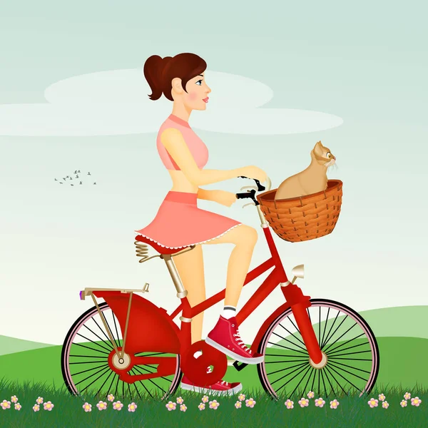 Girl Bicycle Cat Basket — Stock Photo, Image