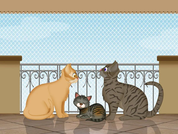 Ilustración Gatos Terraza Con Red Protectora —  Fotos de Stock