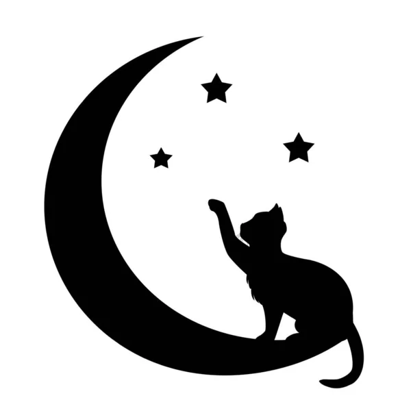 illustration of cat on the moon silhouette on white background