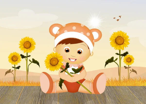 Abbildung Des Babys Mit Sonnenblume — Stockfoto