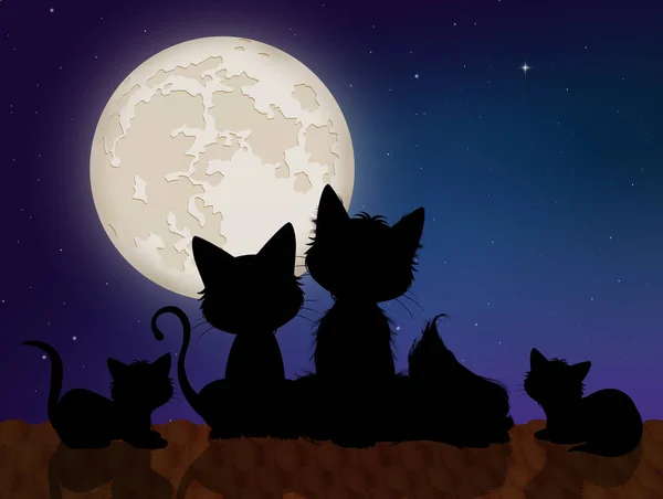 family of cats on the roof in the moonlight