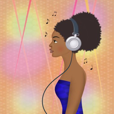 Afro kız tasviri Kulaklıkla müzik dinlemek