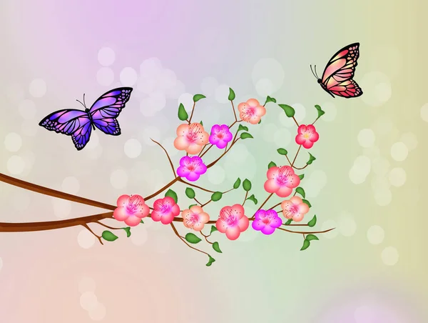 Butterflies Peach Blossom Branch — Stock Photo, Image