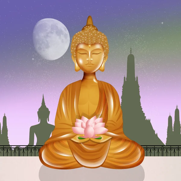 Abbildung Der Goldenen Buddha Statue Mit Lotusblume — Stockfoto