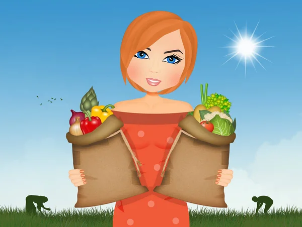 Woman Collects Vegetables Vegetable Garden — Stock Photo, Image