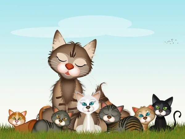 Ilustración Gatos Pequeños Madres — Foto de Stock