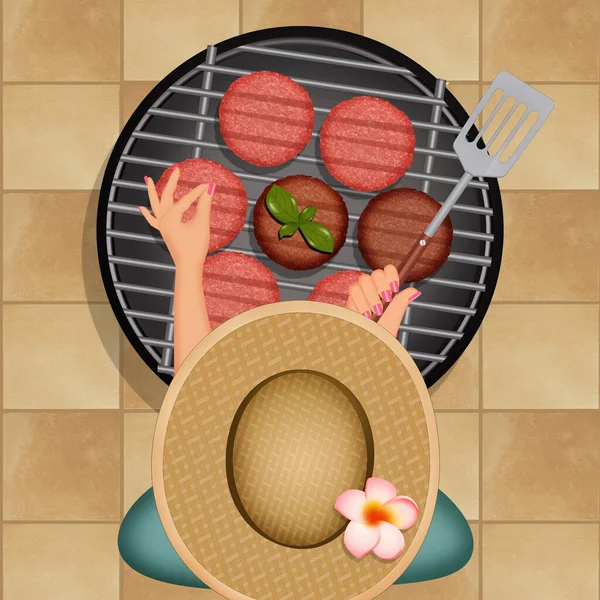 Illustration Von Mädchen Beim Kochen Von Hamburgern Auf Grill — Stockfoto