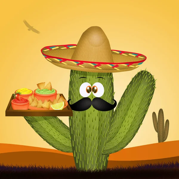 funny illustration of cactus with tortilla chips nachos and guacamole sauce