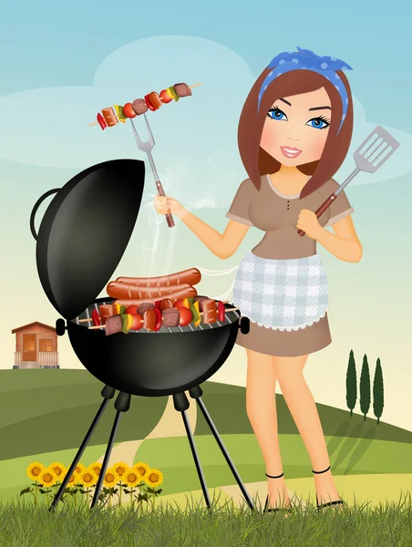 Vrouw Kookt Spiesen Worsten Barbecue — Stockfoto