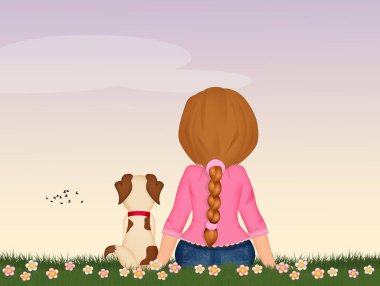 Çiçeklerde oturan küçük köpekli kız.