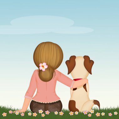 Kız ve köpek çimenlerde oturuyor.