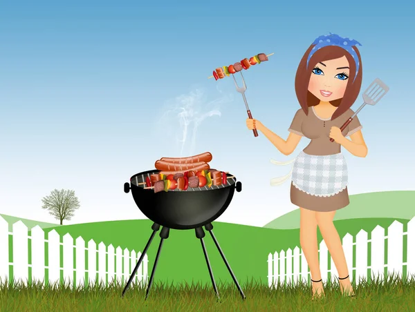 Woman Cooks Skewers Sausages Barbecue — Stock Photo, Image