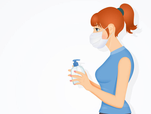 девушка с дезинфицирующим гелем и хирургической маской