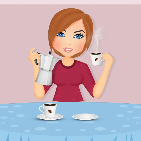 Illustratie Van Meisje Maakt Koffie Ochtend — Stockfoto