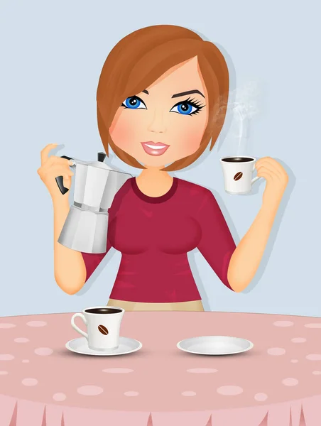 Vrouw Maakt Koffie Ochtend — Stockfoto