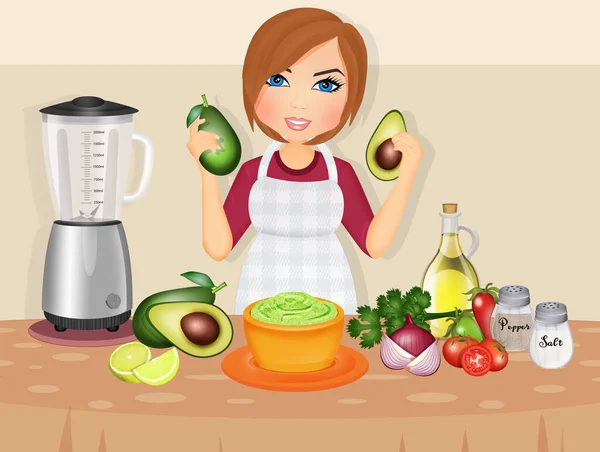 Vrouw Kookt Guacamole Saus — Stockfoto