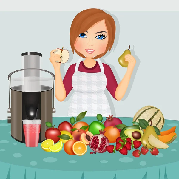 Ilustración Mujer Prepara Extractor Jugo Fresco Fruta —  Fotos de Stock