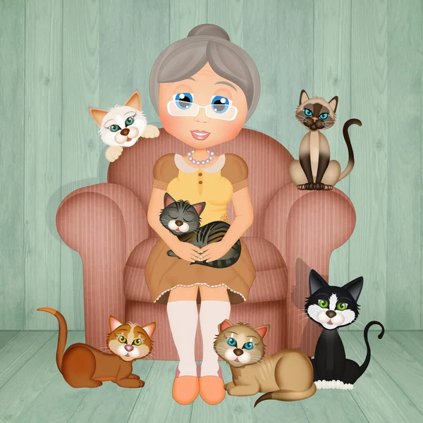 Nonna Con Molti Gatti — Foto Stock