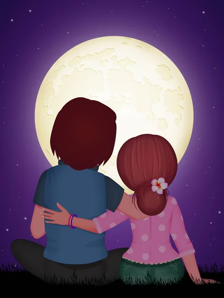 Couple Love Sitting Moonlight — Stock Photo, Image