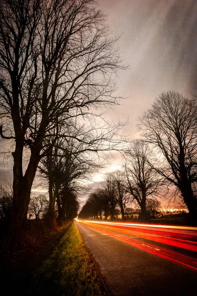 Estrada Noite Com Trilhas Luz Uma Avenida Árvores — Fotografia de Stock