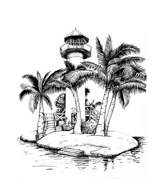 Palmiye ağaçlarıyla çevrili bir ada, deniz feneri. — Stok fotoğraf