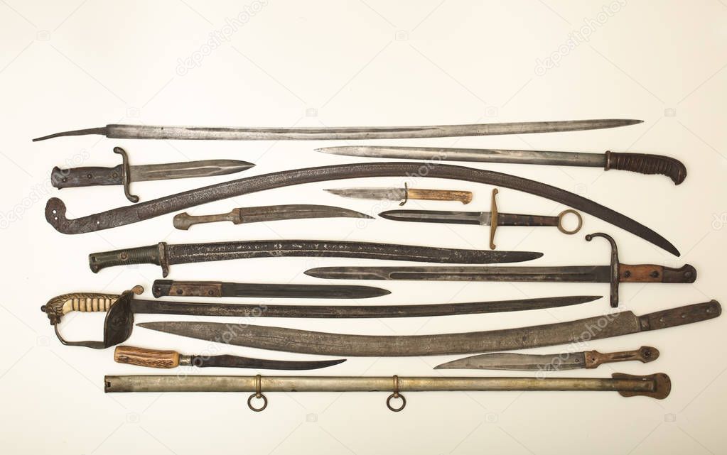 Display case with old historical swords