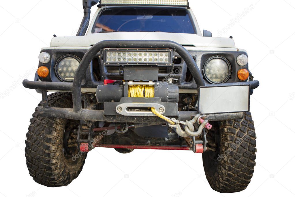 Front view of muddy  4x4 off-road car isolated on a white background