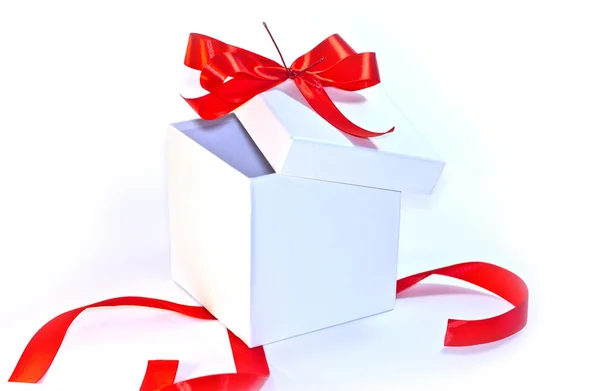 White Box with Red Ribbon and Red Bow — Stock Photo, Image