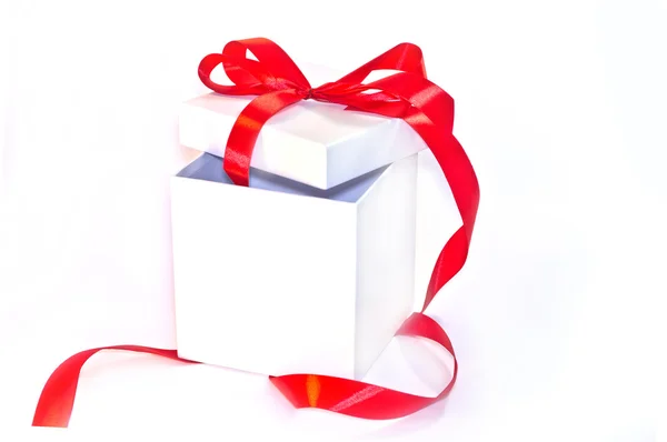 Open white Box with Red Ribbon and Red Bow — Stock Photo, Image