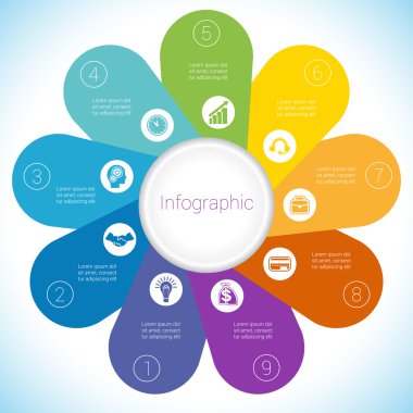 Papatya Infographic şablon renkli yaprakları dokuz pozisyonlar.