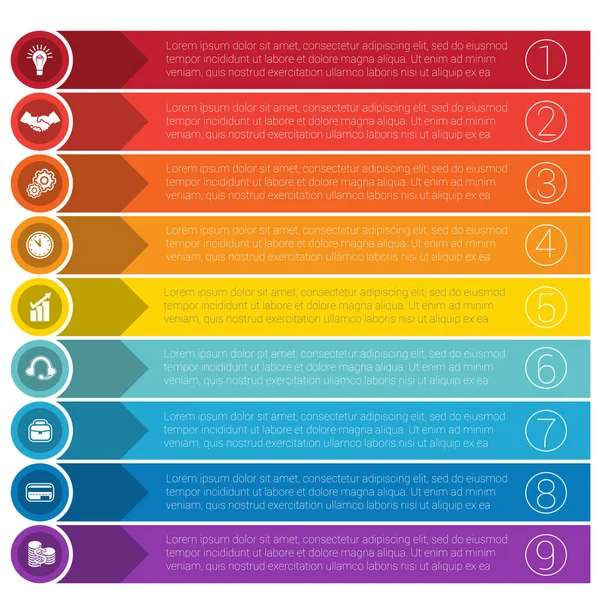 Plantillas infografías de tiras para nueve posiciones . — Archivo Imágenes Vectoriales