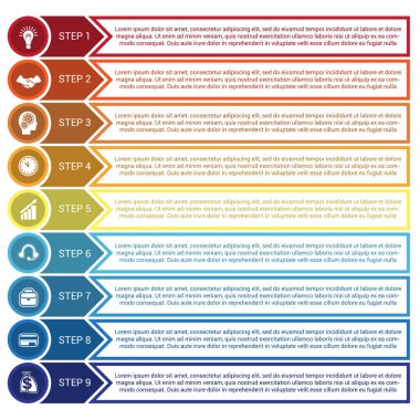Infographic daireler, oklar ve satırlarından, 9 pozisyonlar için 