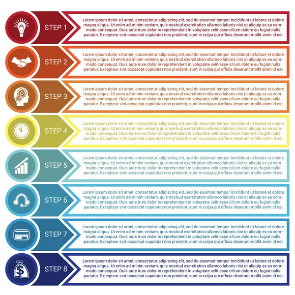 Infographic van cirkels, pijlen en lijnen, voor 8 posities — Stockvector