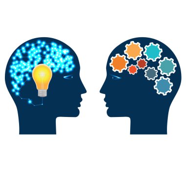 İki kişi, ampul ve soyut beyin başkanları