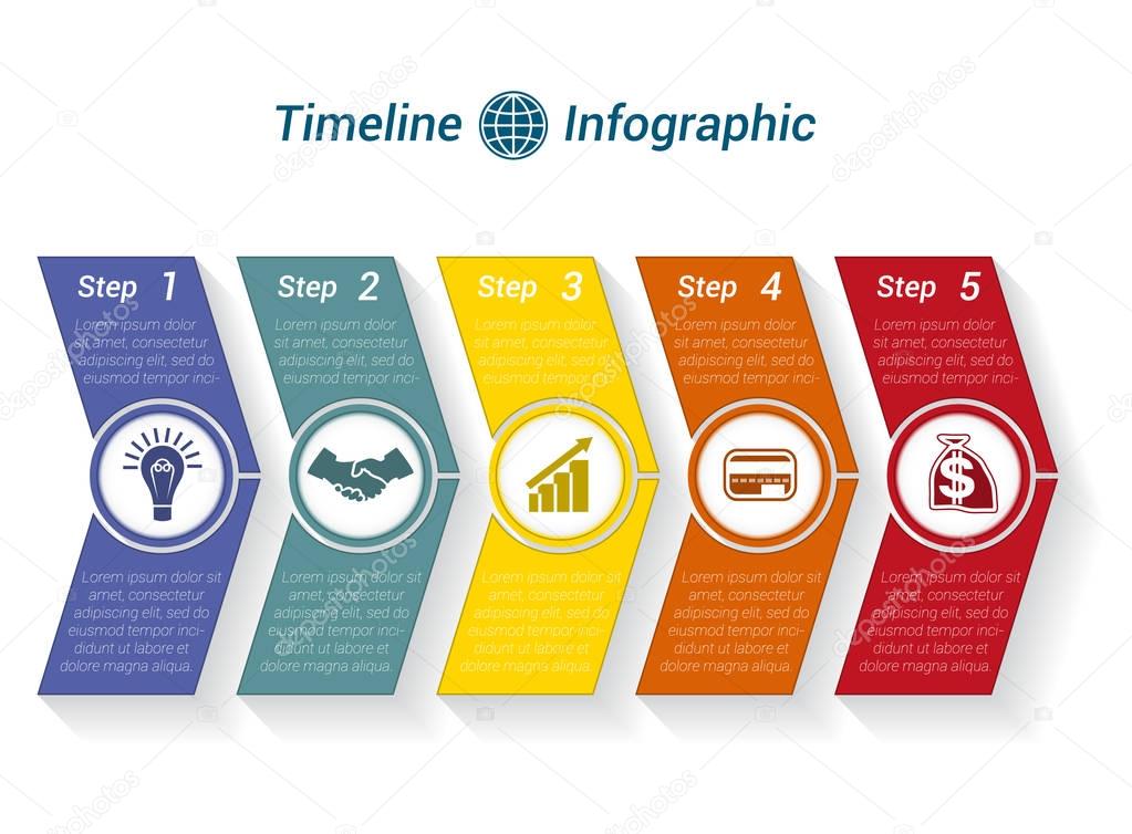 Template Timeline Infographic from colour arrows 5 position