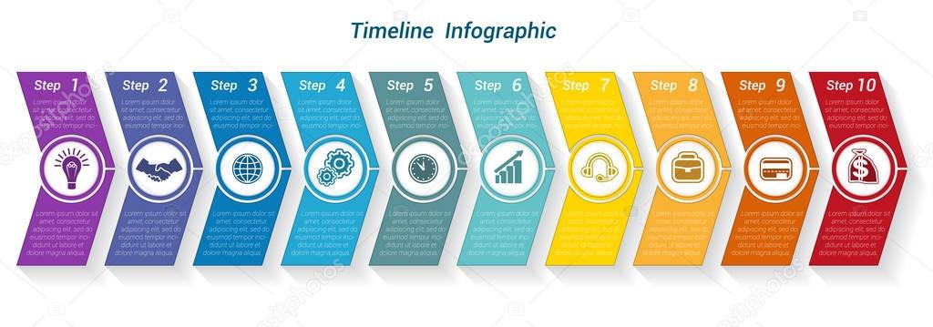  Template Timeline Infographic from colour arrows 10 position