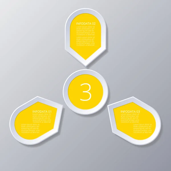 Infographie jaune Points disposés en cercle solaire avec 3 étapes . — Image vectorielle