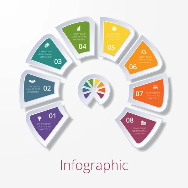 Diagrama semicírculo com oito elementos multicoloridos — Vetor de Stock