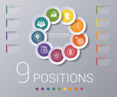 Öğeleri şablon infographics 9 pozisyonlar daire diyagram