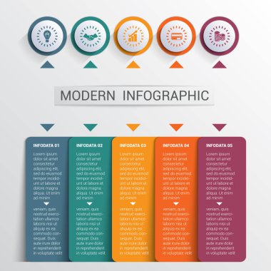 Infographics tasarım şablonu, renk düğmeleri ve 5 tabak şekilleri
