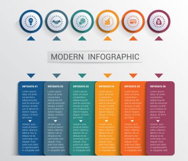 Infographics tasarım şablonu, renk düğmeleri ve 6 plakaları şekilleri