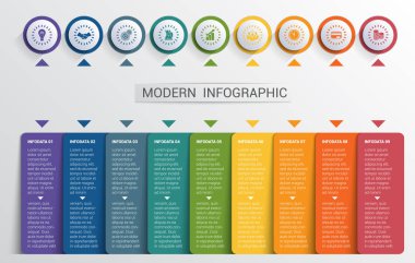 Infographics tasarım şablonu, renk düğmeleri ve 9 plakaları şekilleri