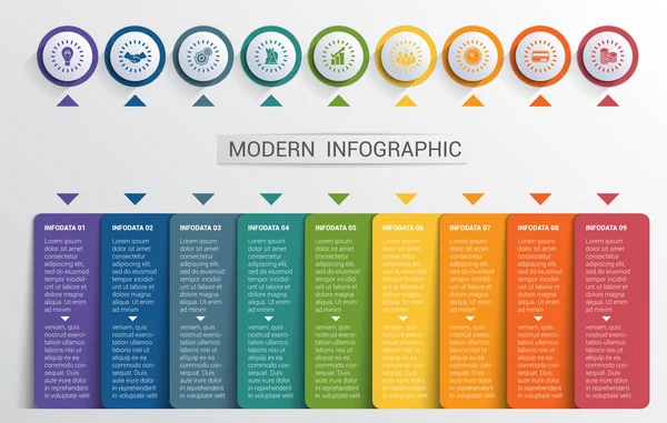 Modèle de conception d'infographie, boutons de couleur et 9 formes de plaques — Image vectorielle