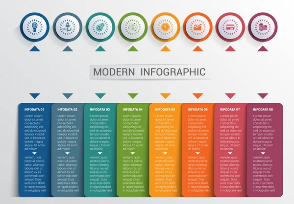 Infographics ontwerpen sjabloon, knoppen in kleur en 8 platen vormen — Stockvector