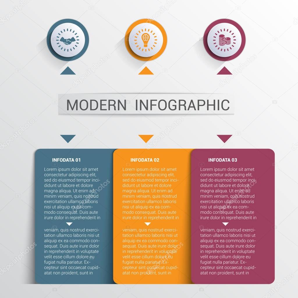 Infographics design template, color buttons and 3 plates shapes