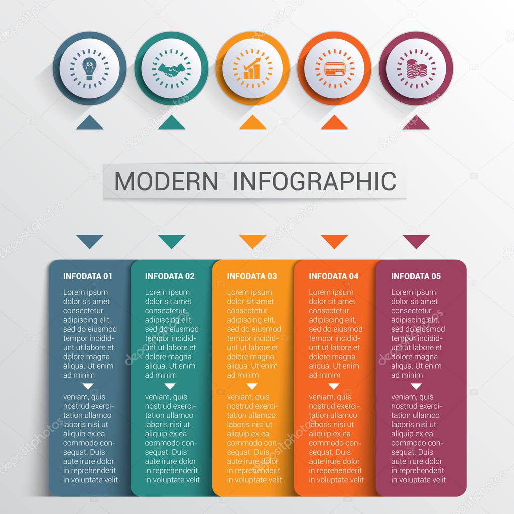 Infographics design template, color buttons and 5 plates shapes