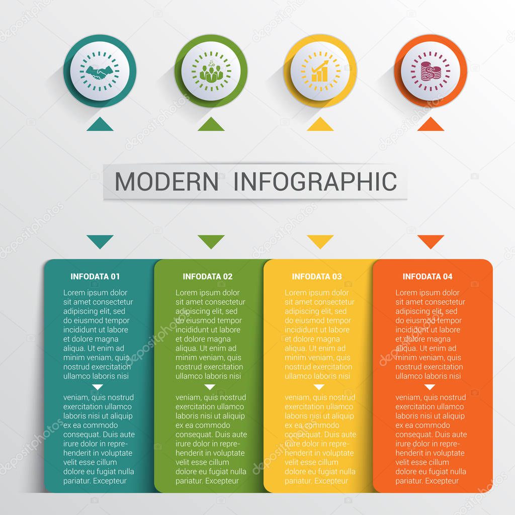 Infographics design template, color buttons and 4 plates shapes