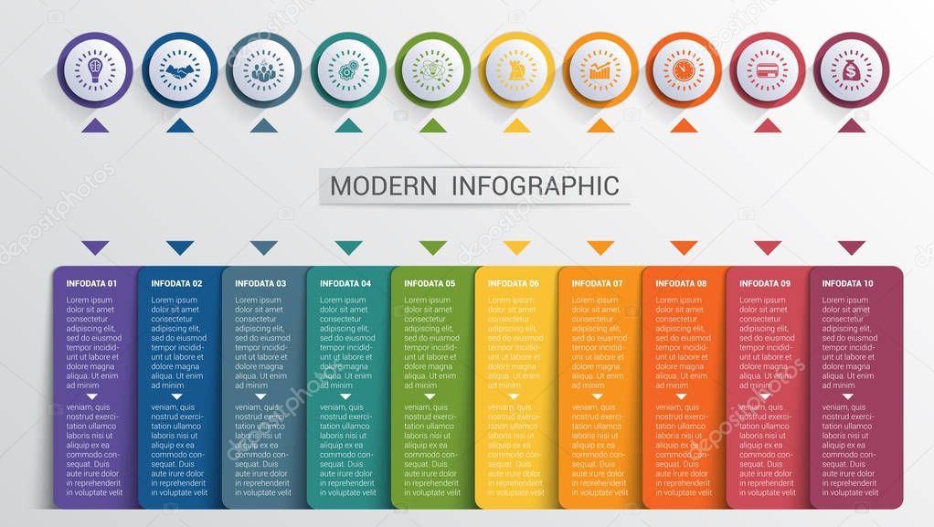 Infographics design template, color buttons and 10 plates shapes
