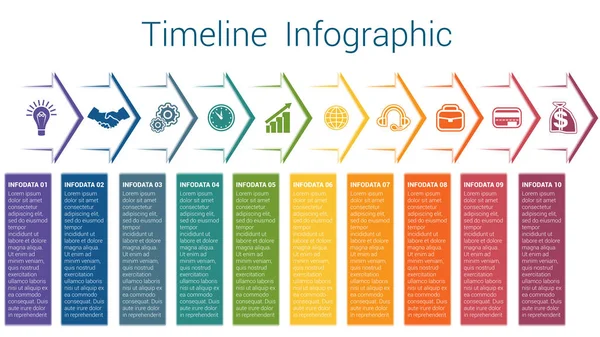 Zeitleiste Infografik 10 Farbpfeile — Stockvektor