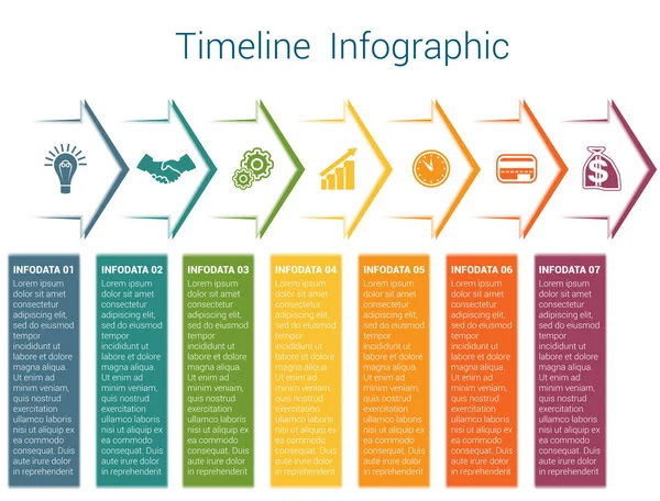 Tijdlijn infographic 7 kleur pijlen — Stockvector